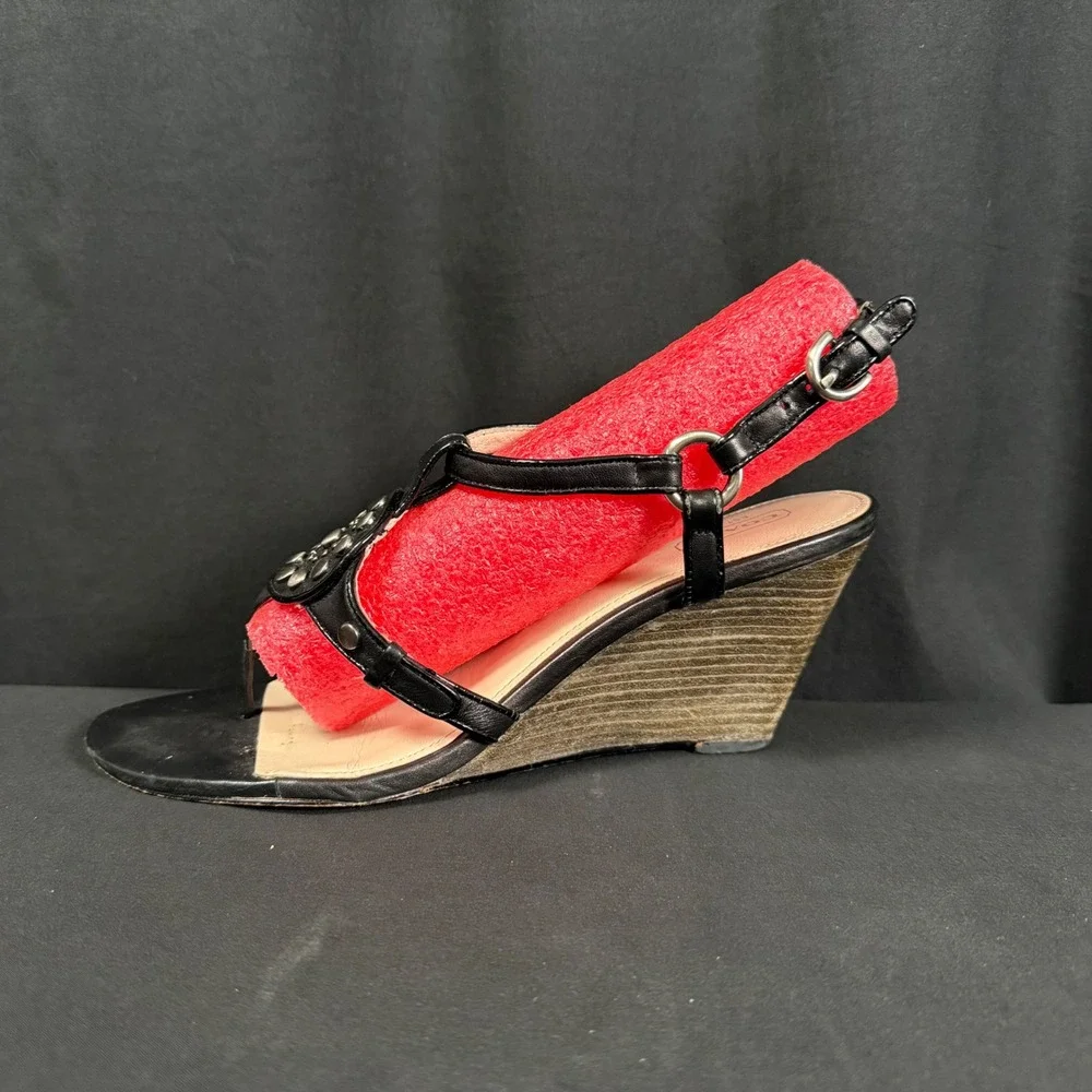 Coach Harper Wedge Sandals Black Calf Leather Studded Medallion Womens 10B A0216